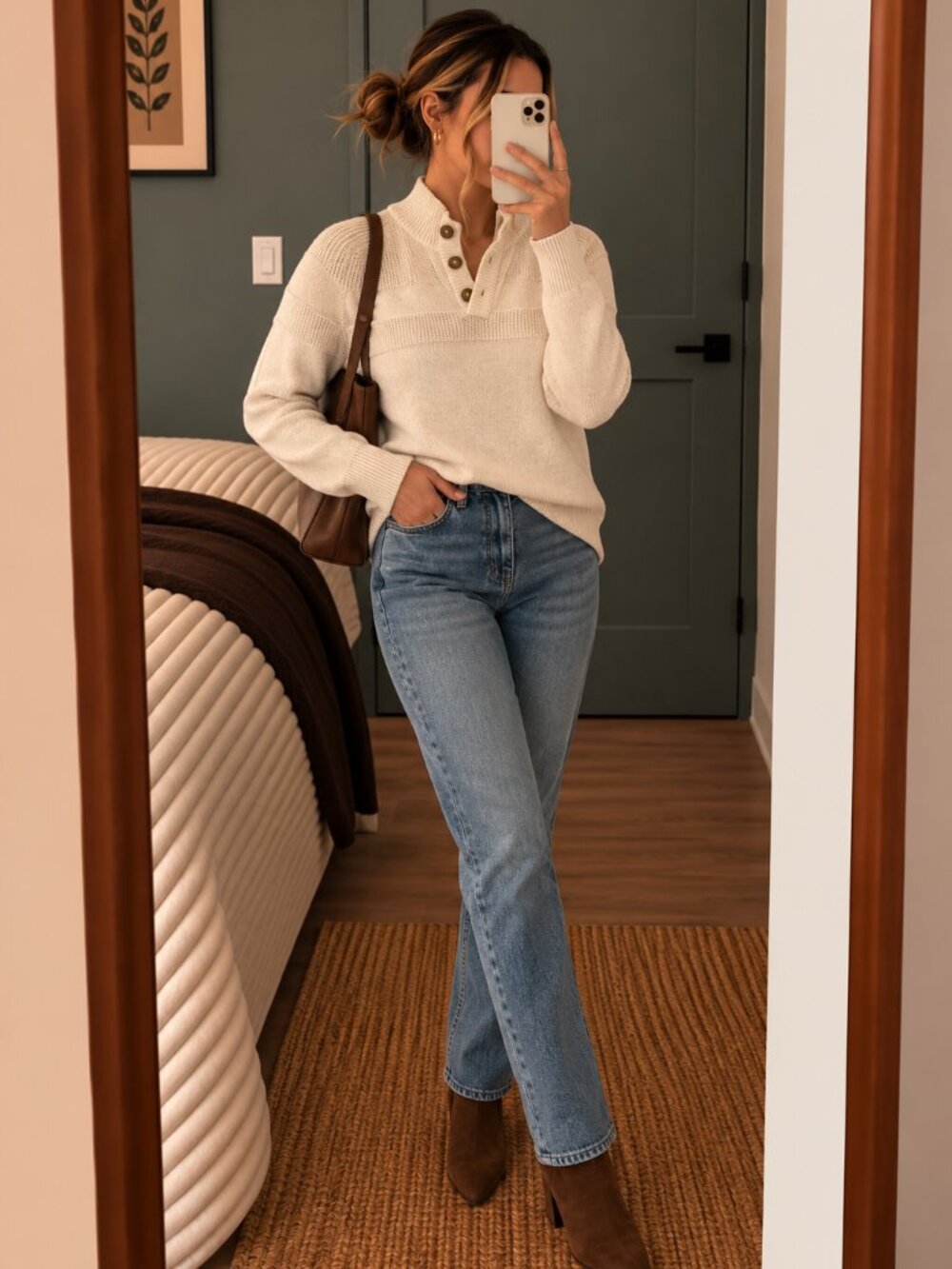 American Rag Cream Knit Sweater M Button Mock Neck Pullover 100% Cotton